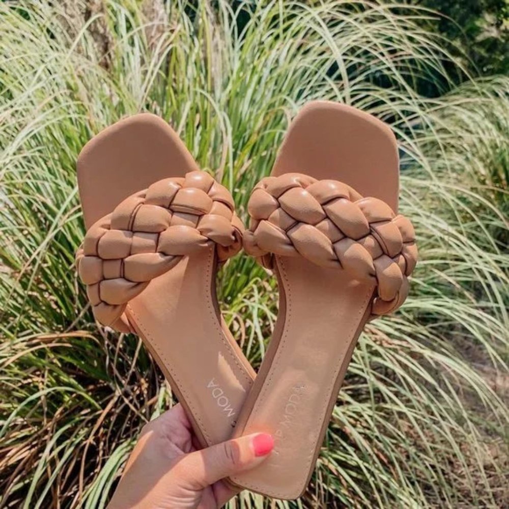 NEW Camel Tan Puffy Braided Faux Leather Square Toe Slip Slide On Flat Sandals - Picture 11 of 11